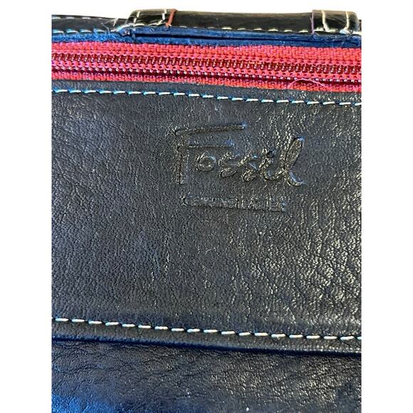 Fossil Wallet Black & Red Leather Bifold Snap Flap Checkbook Slot Credit Cards - Picture 4 of 7